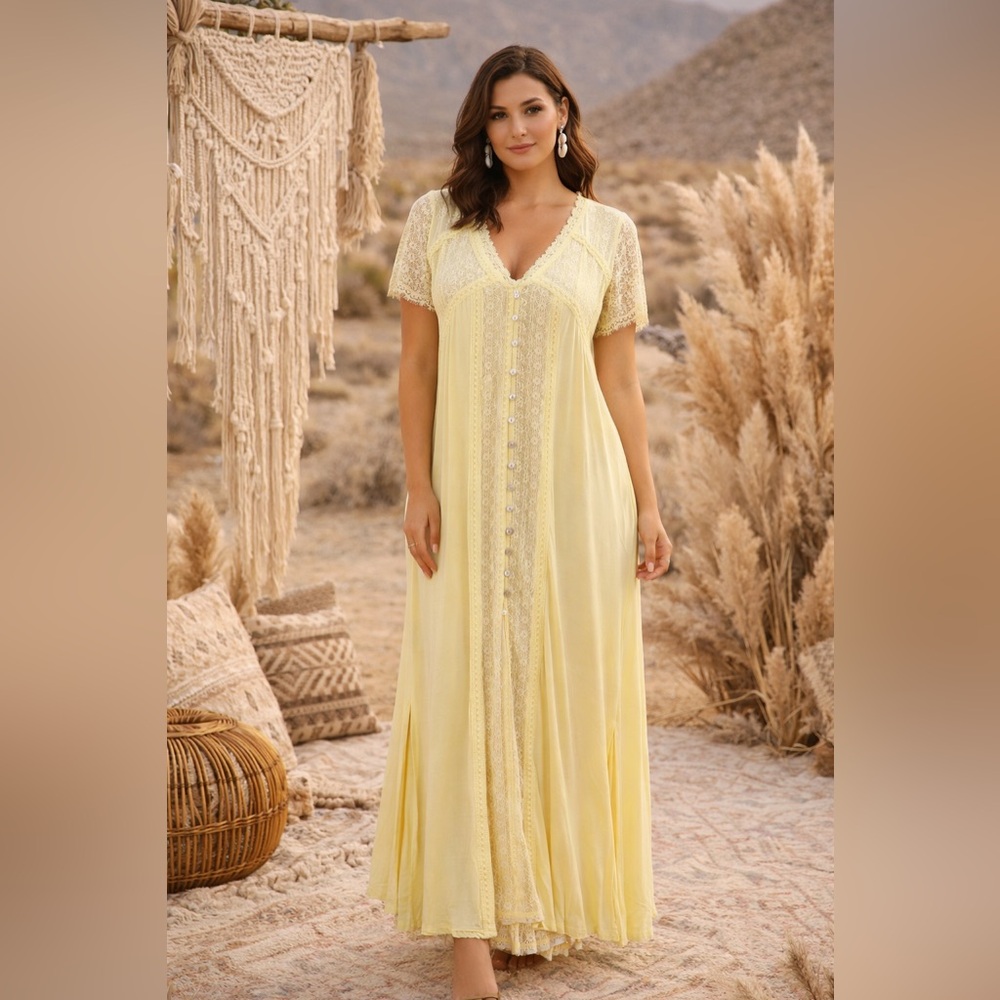 POL Soft Yellow Rayon & Lace Button Front Midi Duster Half Sleeves